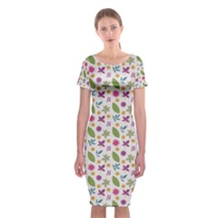 Pattern Flowers Leaves Green Purple Pink Classic Short Sleeve Midi Dress