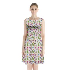 Pattern Flowers Leaves Green Purple Pink Sleeveless Waist Tie Chiffon Dress by Maspions