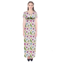 Pattern Flowers Leaves Green Purple Pink Short Sleeve Maxi Dress