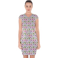 Pattern Flowers Leaves Green Purple Pink Capsleeve Drawstring Dress 