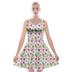 Pattern Flowers Leaves Green Purple Pink Velvet Skater Dress