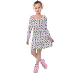 Pattern Flowers Leaves Green Purple Pink Kids  Long Sleeve Velvet Dress