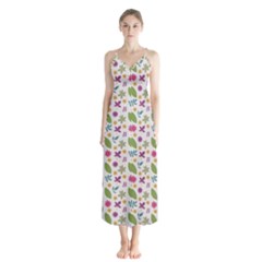 Pattern Flowers Leaves Green Purple Pink Button Up Chiffon Maxi Dress