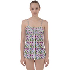 Pattern Flowers Leaves Green Purple Pink Babydoll Tankini Set