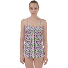 Pattern Flowers Leaves Green Purple Pink Babydoll Tankini Top