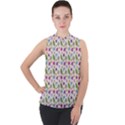 Pattern Flowers Leaves Green Purple Pink Mock Neck Chiffon Sleeveless Top View1