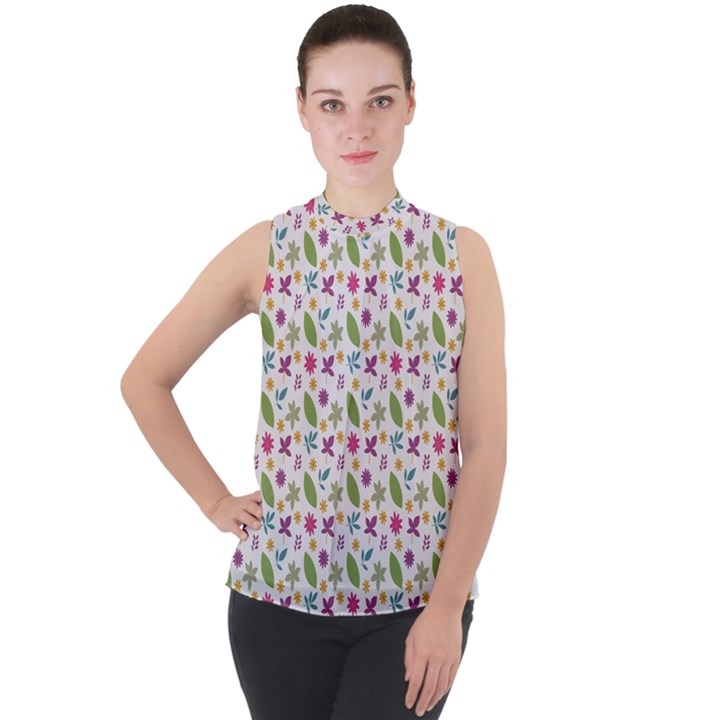 Pattern Flowers Leaves Green Purple Pink Mock Neck Chiffon Sleeveless Top