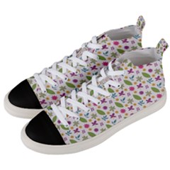 Pattern Flowers Leaves Green Purple Pink Men s Mid-top Canvas Sneakers