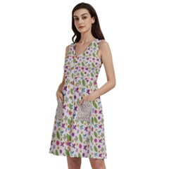 Pattern Flowers Leaves Green Purple Pink Sleeveless Dress With Pocket