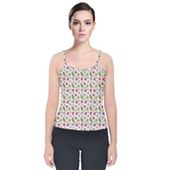 Pattern Flowers Leaves Green Purple Pink Velvet Spaghetti Strap Top