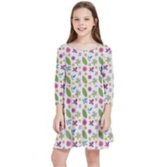 Pattern Flowers Leaves Green Purple Pink Kids  Quarter Sleeve Skater Dress