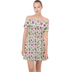 Pattern Flowers Leaves Green Purple Pink Off Shoulder Chiffon Dress