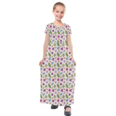 Pattern Flowers Leaves Green Purple Pink Kids  Short Sleeve Maxi Dress