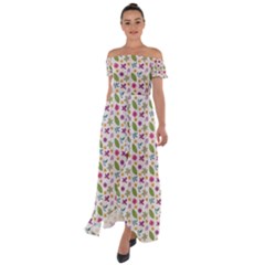 Pattern Flowers Leaves Green Purple Pink Off Shoulder Open Front Chiffon Dress