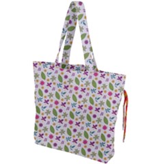 Pattern Flowers Leaves Green Purple Pink Drawstring Tote Bag