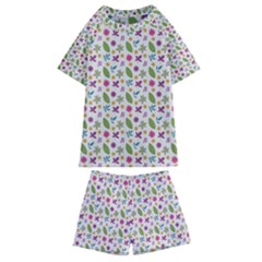 Pattern Flowers Leaves Green Purple Pink Kids  Swim T-shirt And Shorts Set