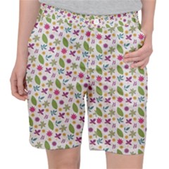 Pattern Flowers Leaves Green Purple Pink Women s Pocket Shorts