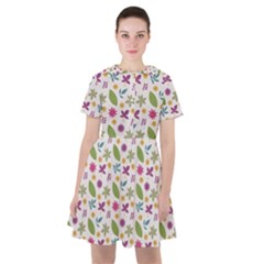 Pattern Flowers Leaves Green Purple Pink Sailor Dress