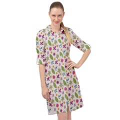 Pattern Flowers Leaves Green Purple Pink Long Sleeve Mini Shirt Dress