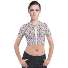 Pattern Flowers Leaves Green Purple Pink Short Sleeve Cropped Jacket by Maspions