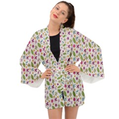 Pattern Flowers Leaves Green Purple Pink Long Sleeve Kimono