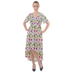 Pattern Flowers Leaves Green Purple Pink Front Wrap High Low Dress