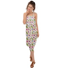 Pattern Flowers Leaves Green Purple Pink Waist Tie Cover Up Chiffon Dress