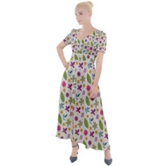 Pattern Flowers Leaves Green Purple Pink Button Up Short Sleeve Maxi Dress