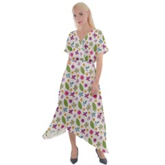 Pattern Flowers Leaves Green Purple Pink Cross Front Sharkbite Hem Maxi Dress