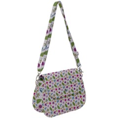 Pattern Flowers Leaves Green Purple Pink Saddle Handbag by Maspions