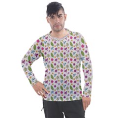 Pattern Flowers Leaves Green Purple Pink Men s Pique Long Sleeve T-shirt