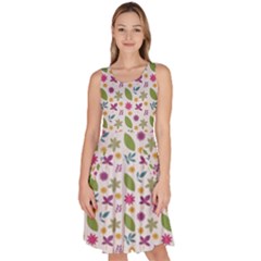 Pattern Flowers Leaves Green Purple Pink Knee Length Skater Dress With Pockets