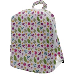 Pattern Flowers Leaves Green Purple Pink Zip Up Backpack