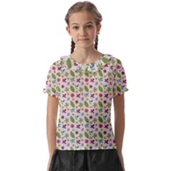 Pattern Flowers Leaves Green Purple Pink Kids  Frill Chiffon Blouse by Maspions