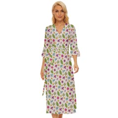 Pattern Flowers Leaves Green Purple Pink Midsummer Wrap Dress