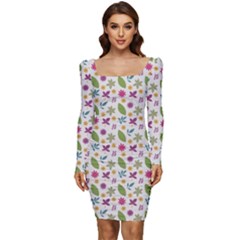 Pattern Flowers Leaves Green Purple Pink Women Long Sleeve Ruched Stretch Jersey Dress