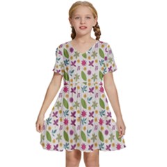 Pattern Flowers Leaves Green Purple Pink Kids  Short Sleeve Tiered Mini Dress