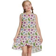 Pattern Flowers Leaves Green Purple Pink Kids  Frill Swing Dress