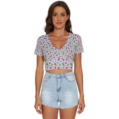 Pattern Flowers Leaves Green Purple Pink V-neck Crop Top