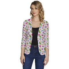 Pattern Flowers Leaves Green Purple Pink Women s One-button 3/4 Sleeve Short Jacket