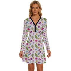 Pattern Flowers Leaves Green Purple Pink Long Sleeve Deep V Mini Dress 