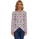 Pattern Flowers Leaves Green Purple Pink Long Sleeve Crew Neck Pullover Top View1