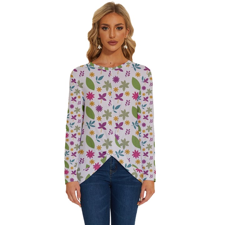 Pattern Flowers Leaves Green Purple Pink Long Sleeve Crew Neck Pullover Top