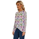 Pattern Flowers Leaves Green Purple Pink Long Sleeve Crew Neck Pullover Top View2