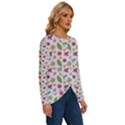 Pattern Flowers Leaves Green Purple Pink Long Sleeve Crew Neck Pullover Top View3