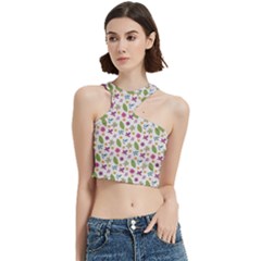 Pattern Flowers Leaves Green Purple Pink Cut Out Top