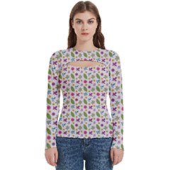 Pattern Flowers Leaves Green Purple Pink Women s Cut Out Long Sleeve T-shirt