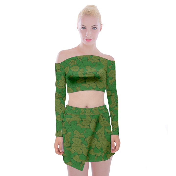 Vectors Leaves Background Plant Off Shoulder Top with Mini Skirt Set