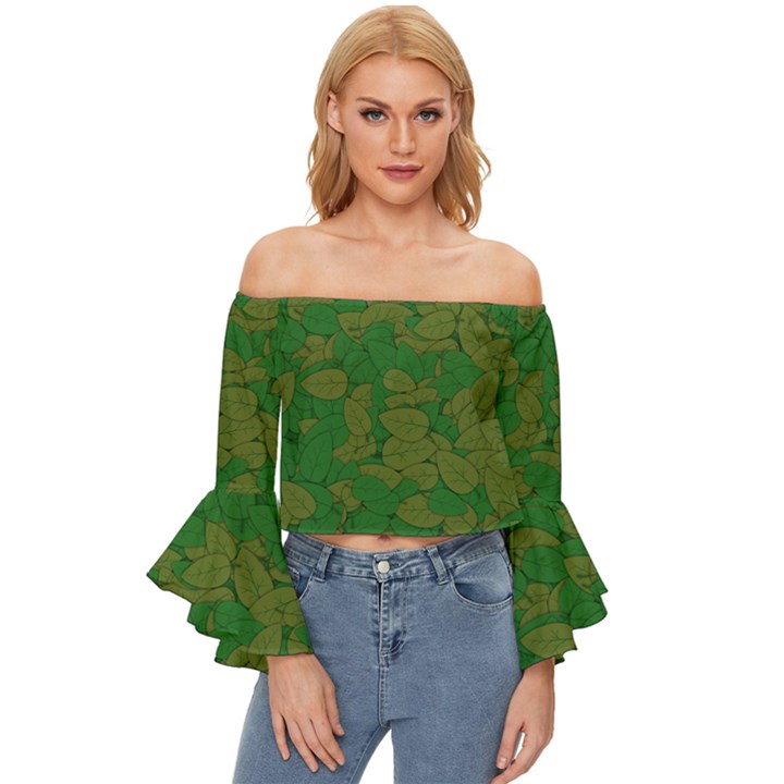 Vectors Leaves Background Plant Off Shoulder Flutter Bell Sleeve Top