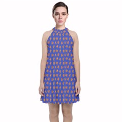 Cute Sketchy Monsters Motif Pattern Velvet Halter Neckline Dress 